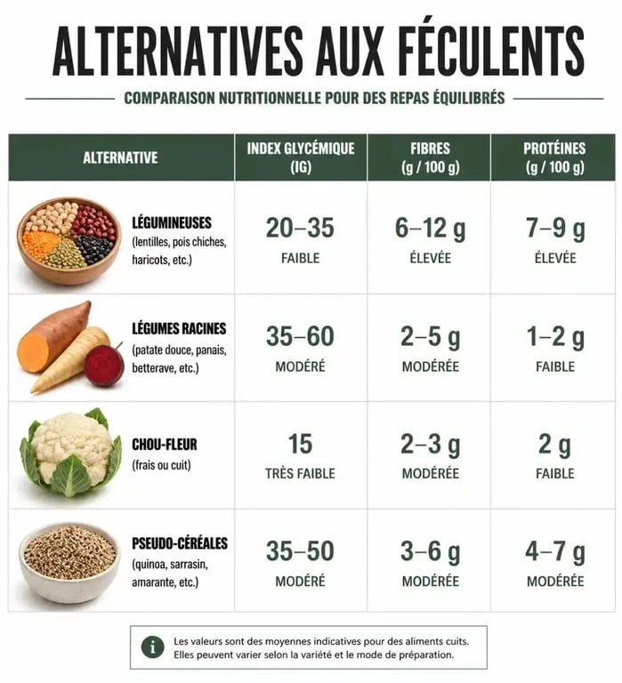 Infographie comparative des meilleures alternatives aux féculents pour une alimentation saine