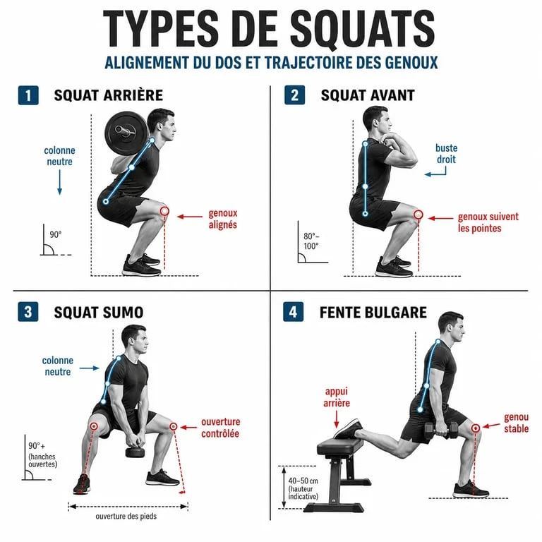 Infographie comparative des différents types de squat et de leurs postures
