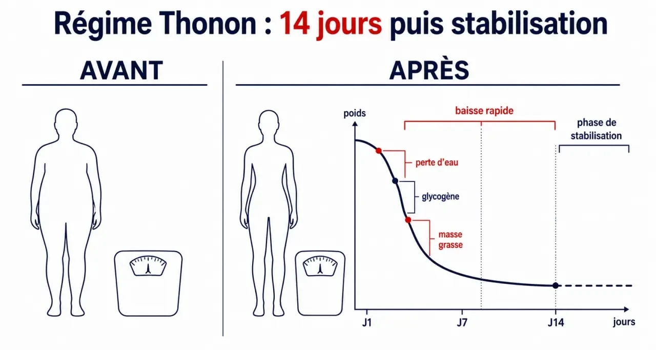Régime Thonon avant après : visualisation éditoriale de la perte de poids sur 14 jours et de la phase de stabilisation