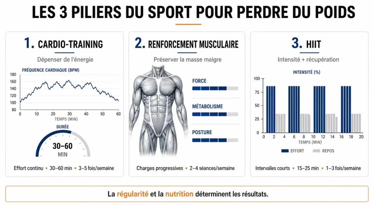 Infographie sur le programme sportif pour maigrir par le sport : cardio, renforcement et HIIT