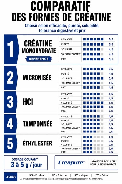Quelle est la meilleure creatine : infographie comparative des formes de créatine et des critères de choix