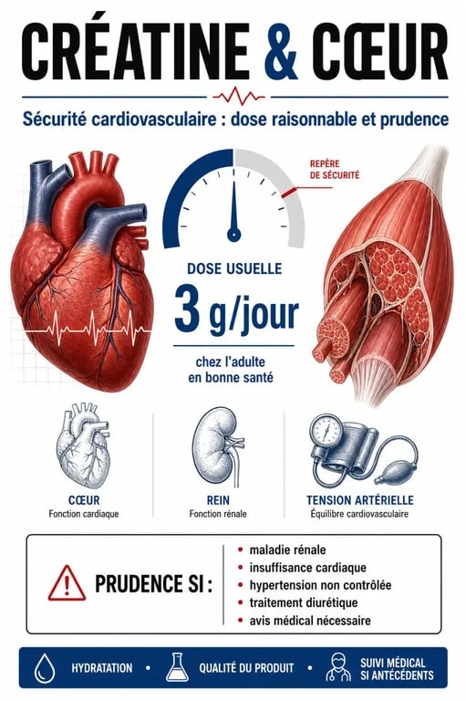 Créatine dangereux pour le cœur : synthèse visuelle sur le risque cardiaque, la dose recommandée et les précautions