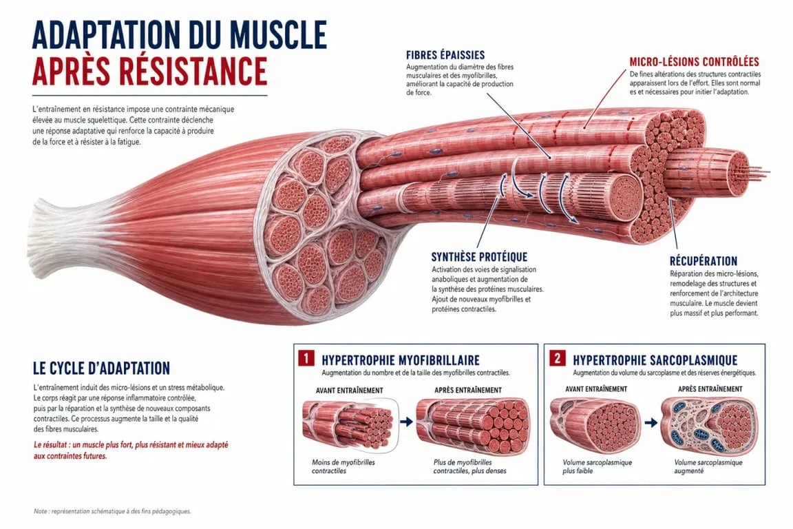 Schéma de l’hypertrophie musculaire montrant la croissance des fibres et la récupération après l’entraînement