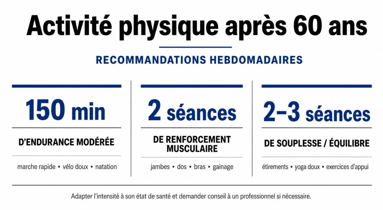 Infographie des recommandations d'activité physique et combien d'heures de sport par semaine après 60 ans