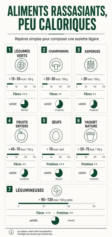 Infographie sur les aliment qui ne font pas grossir avec légumes, fruits et protéines rassasiantes