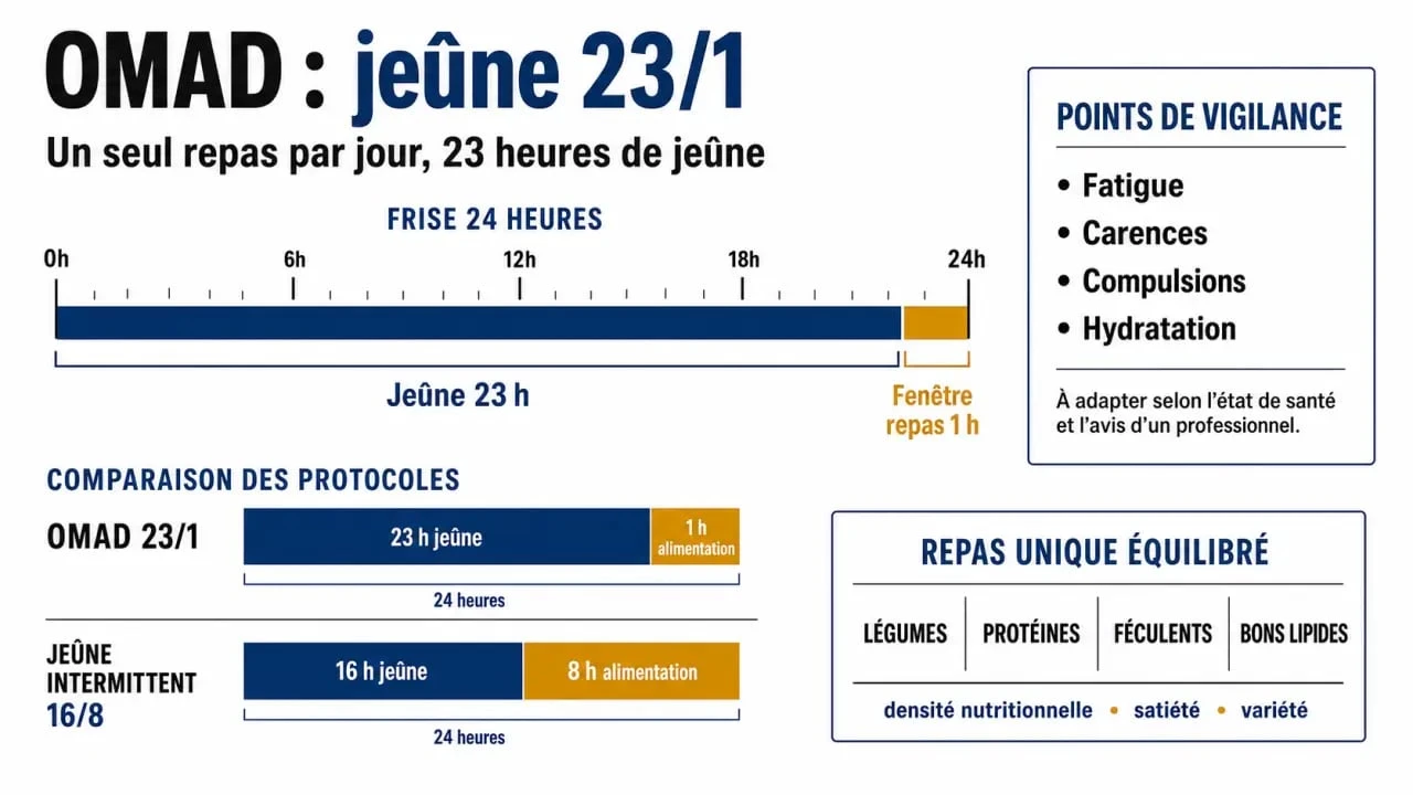 Infographie sur le jeune omad avec comparaison 23/1 et 16/8, repères de sécurité et composition du repas unique