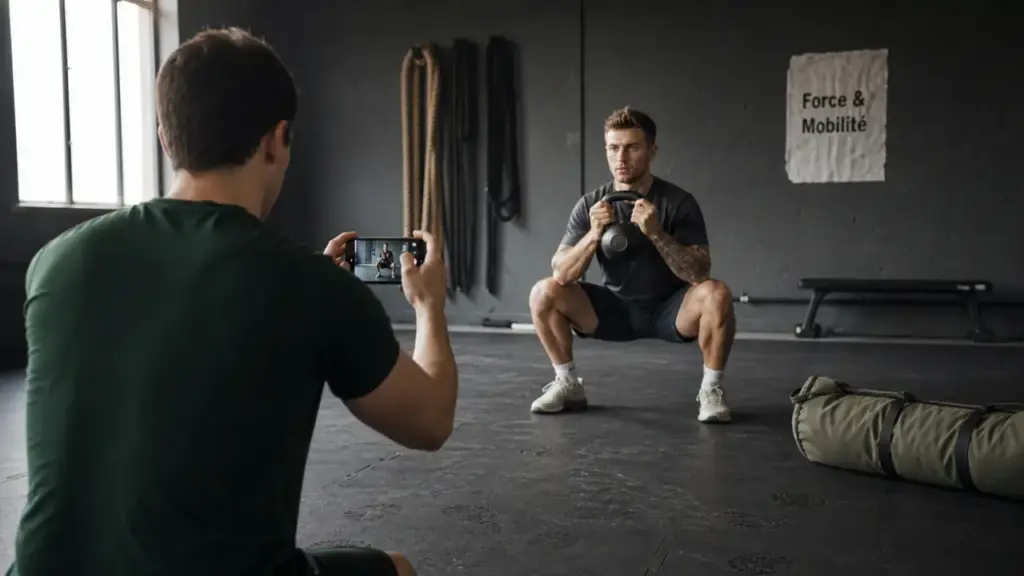 Fitness fonctionnel : coach filme un pratiquant au kettlebell