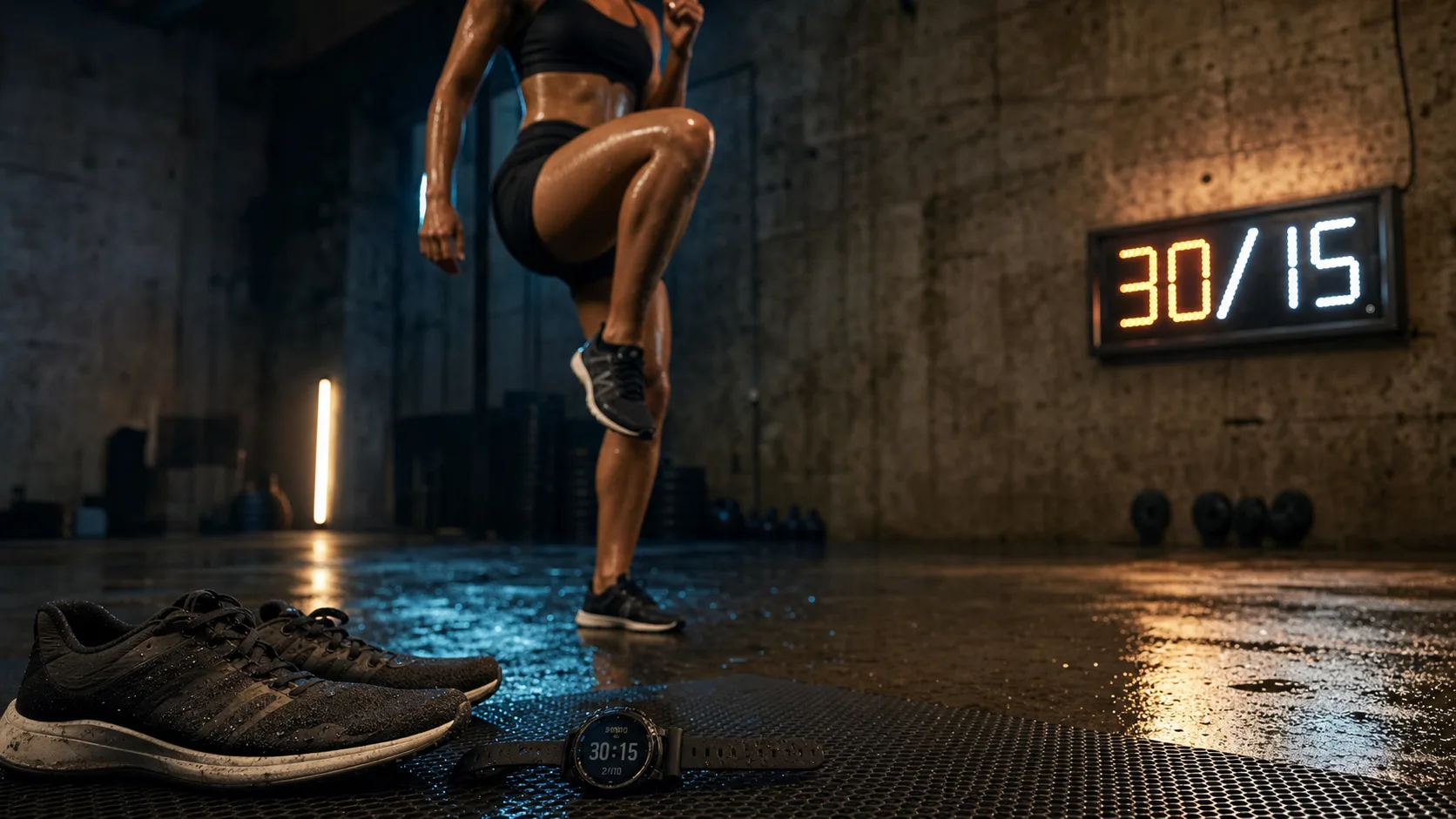 HIIT perte de poids : tapis, athlète en effort, récupération essentielle