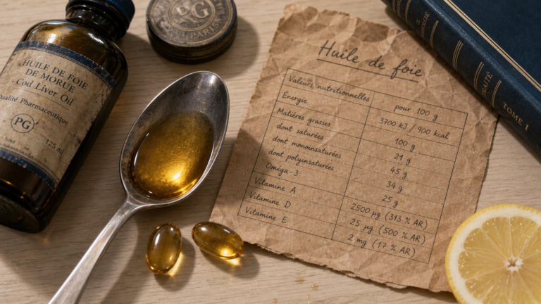 L huile de foie de morue en cuillère, capsules et flacon sur table bois