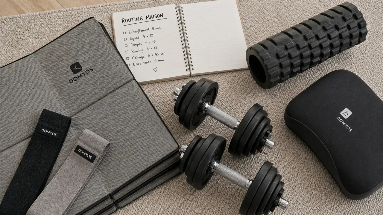 Materiel sport maison : tapis, haltères et accessoires