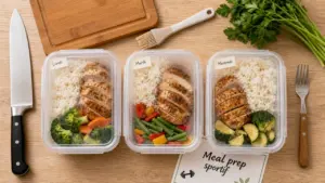 Meal prep sportif : boîtes de repas prêts, portions claires