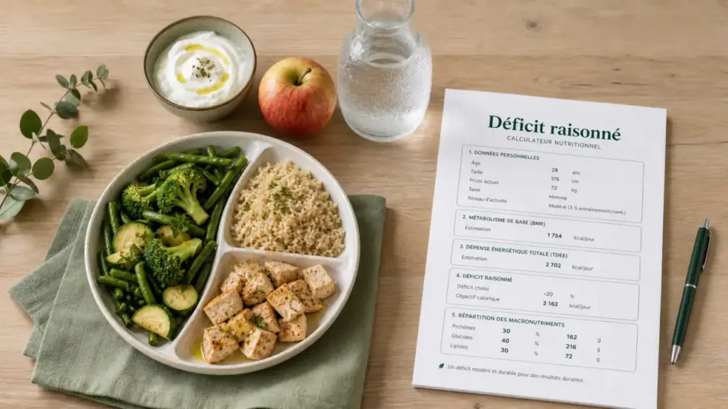 Plan alimentaire pour perte de poids : assiette riche en protéines et fibres, sans frustration