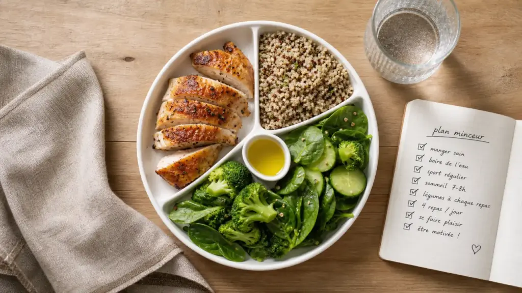 Plan alimentaire pour perte de poids : assiette protéines et fibres, menu rassasiant