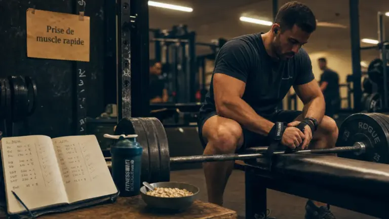 Prendre des muscle rapidement en salle de sport : carnet et barre chargée