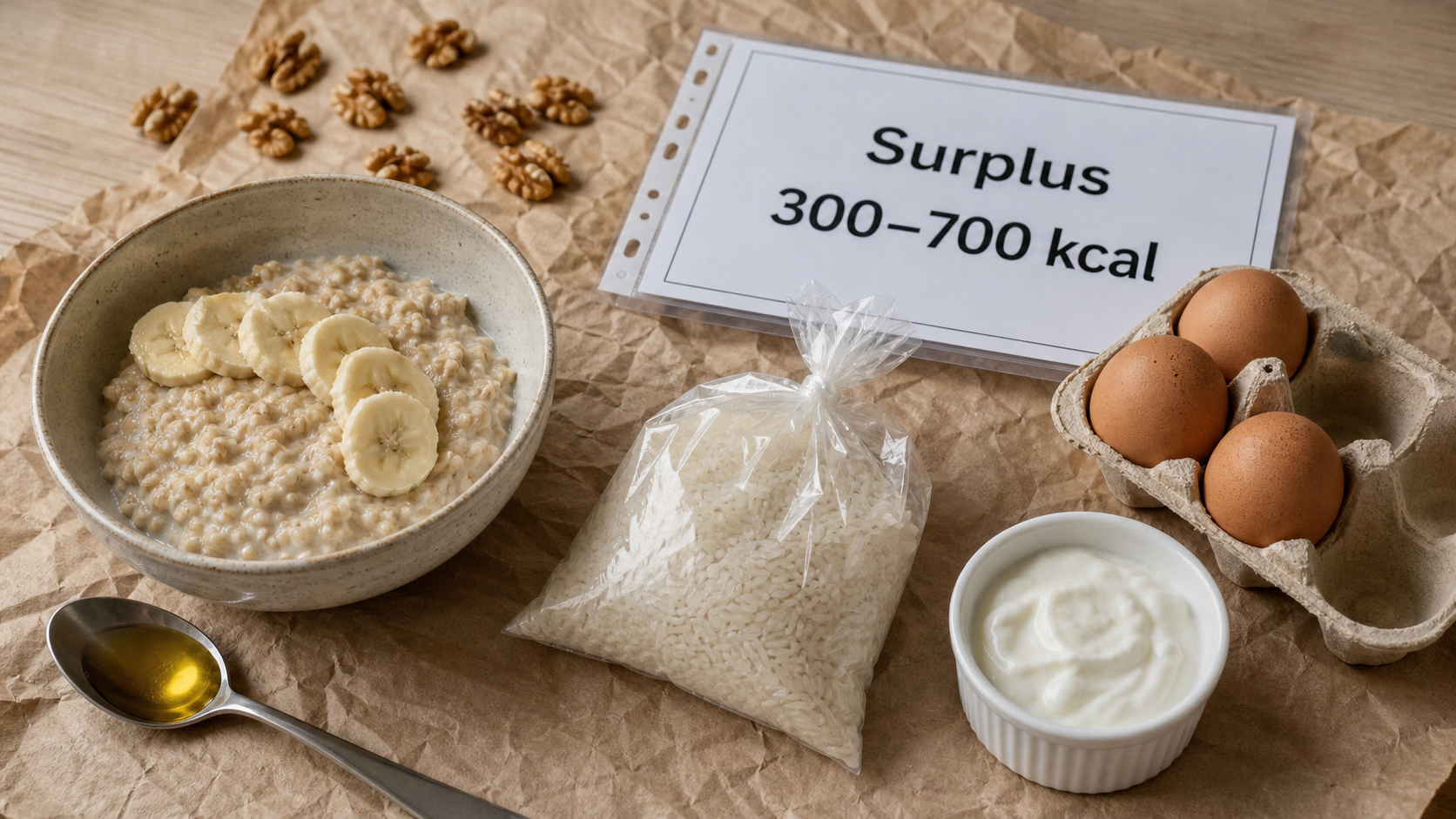 Prise de masse musculaire : aliments 300–700 kcal, porridge, œufs, yaourt, riz et noix