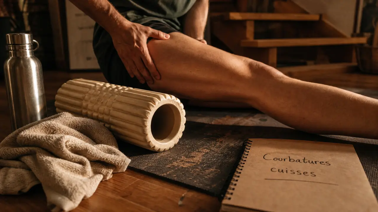 Auto-massage pour soulager des courbatures aux cuisses, rouleau de mousse sur tapis de yoga
