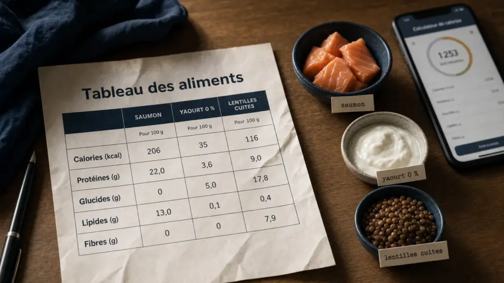 Tableau des aliments avec calories et protéines par portion