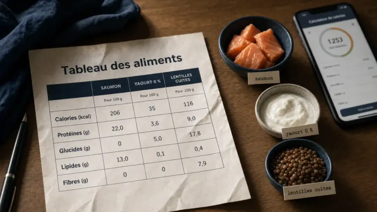 Tableau des aliments avec calories et protéines par portion