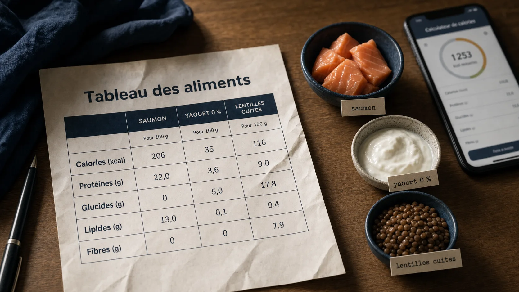 Tableau des aliments avec calories et protéines par portion