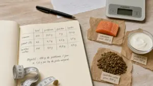 Tableau des aliments : calories et protéines, portions pour 100 g