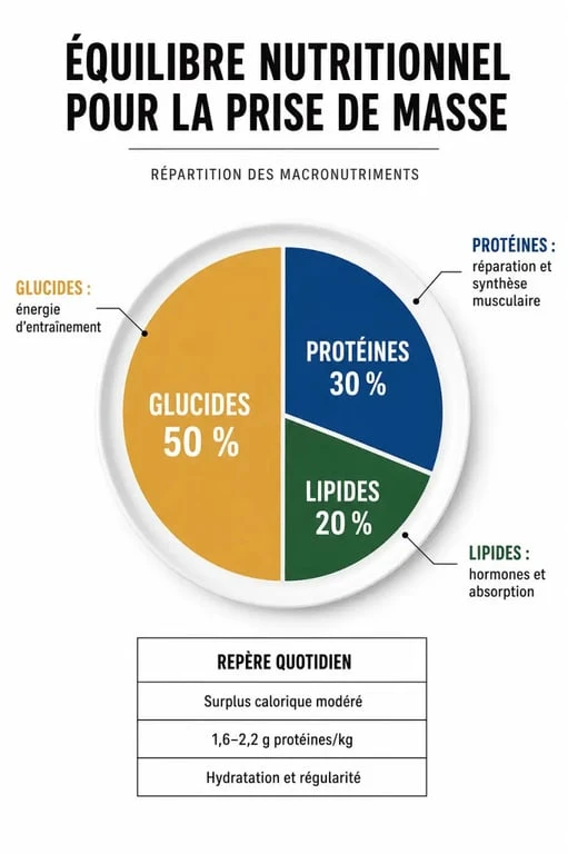Infographie équilibre nutritionnel protéines glucides lipides prise de masse