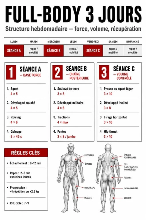 Infographie programme prise de masse débutant full-body 3 jours