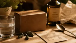 Huile de Haarlem perte de poids : gélules et eau sur table, complément traditionnel