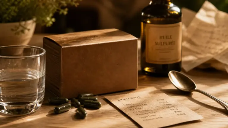 Huile de Haarlem perte de poids : gélules et eau sur table, complément traditionnel