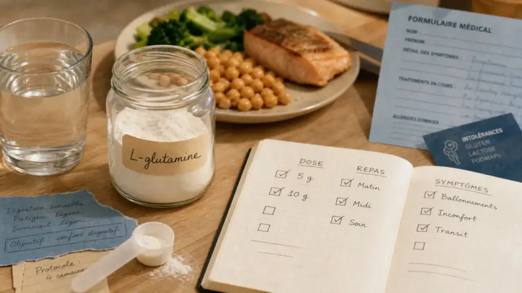 L-glutamine intestin effets secondaires : bocal de poudre et suivi des symptômes