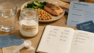 L-glutamine intestin effets secondaires : bocal de poudre et suivi des symptômes