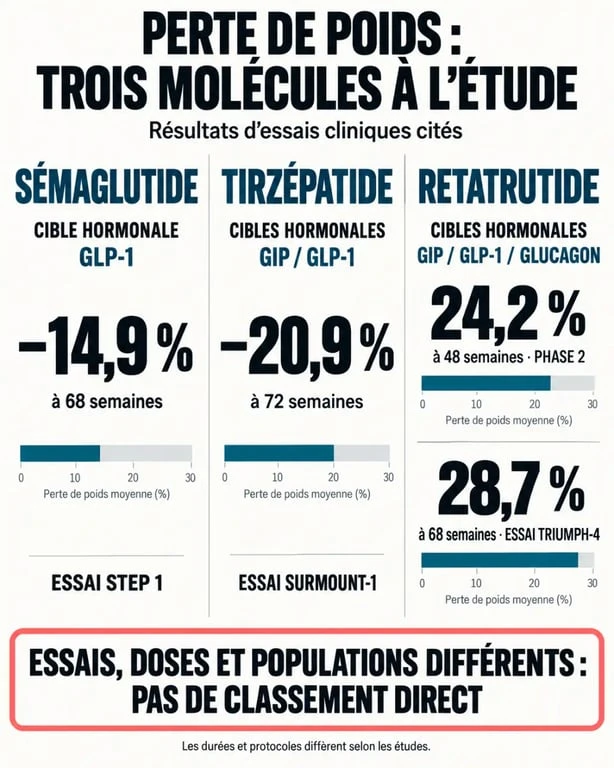 Reta perte de poids : comparaison visuelle des résultats étudiés pour le sémaglutide, le tirzépatide et le retatrutide