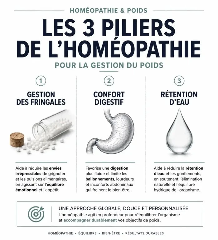 Infographie sur l'homéopathie et la perte de poids rapide : gestion des fringales, digestion et rétention d'eau