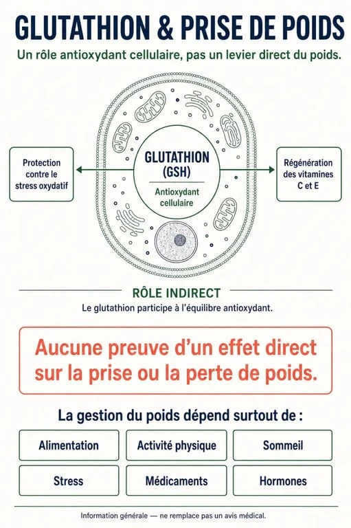 Infographie sur le glutathion et la prise de poids, distinguant son rôle antioxydant des facteurs qui influencent le poids