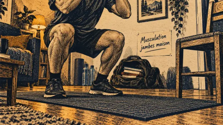 Musculation jambes maison : homme fait un squat sur tapis