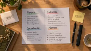 SWOT personnel en quatre cases : forces, faiblesses, opportunités, menaces