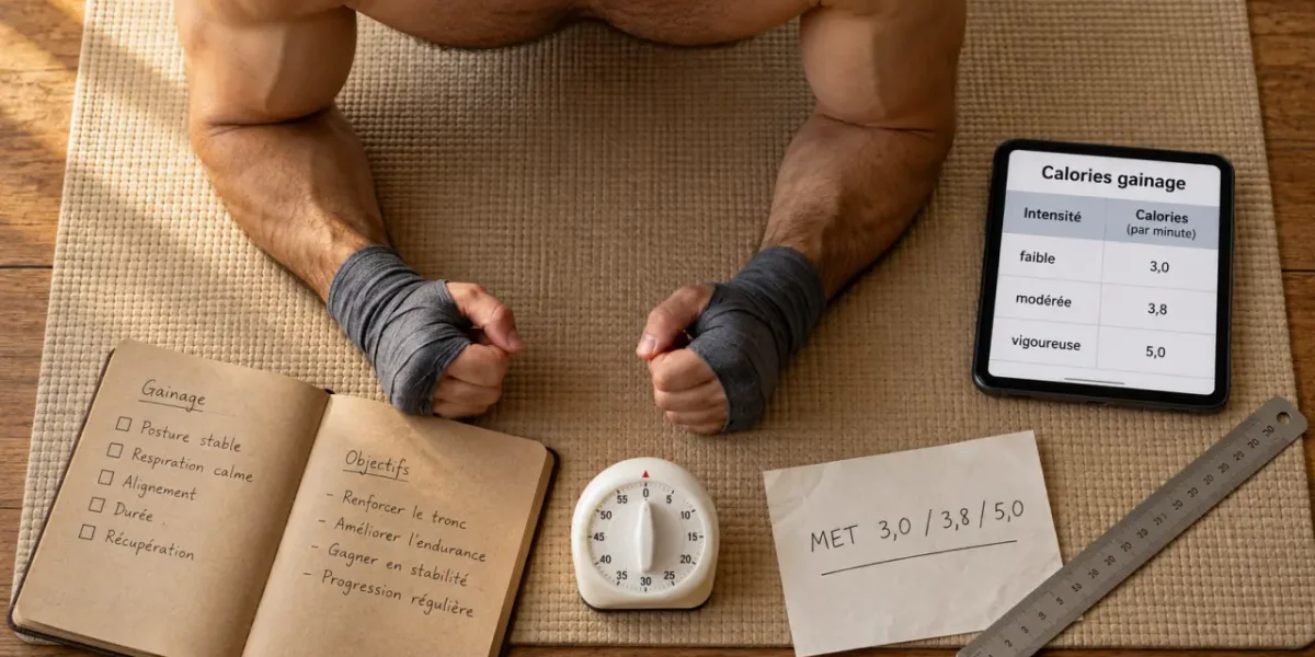 1 minute de gainage calories selon poids et intensité (MET 3,0 / 3,8 / 5,0)