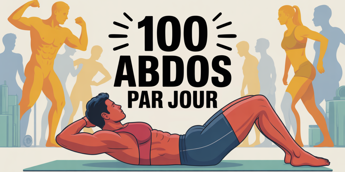 Personnage fait des abdos, silhouettes progression, texte 100 abdos par jour