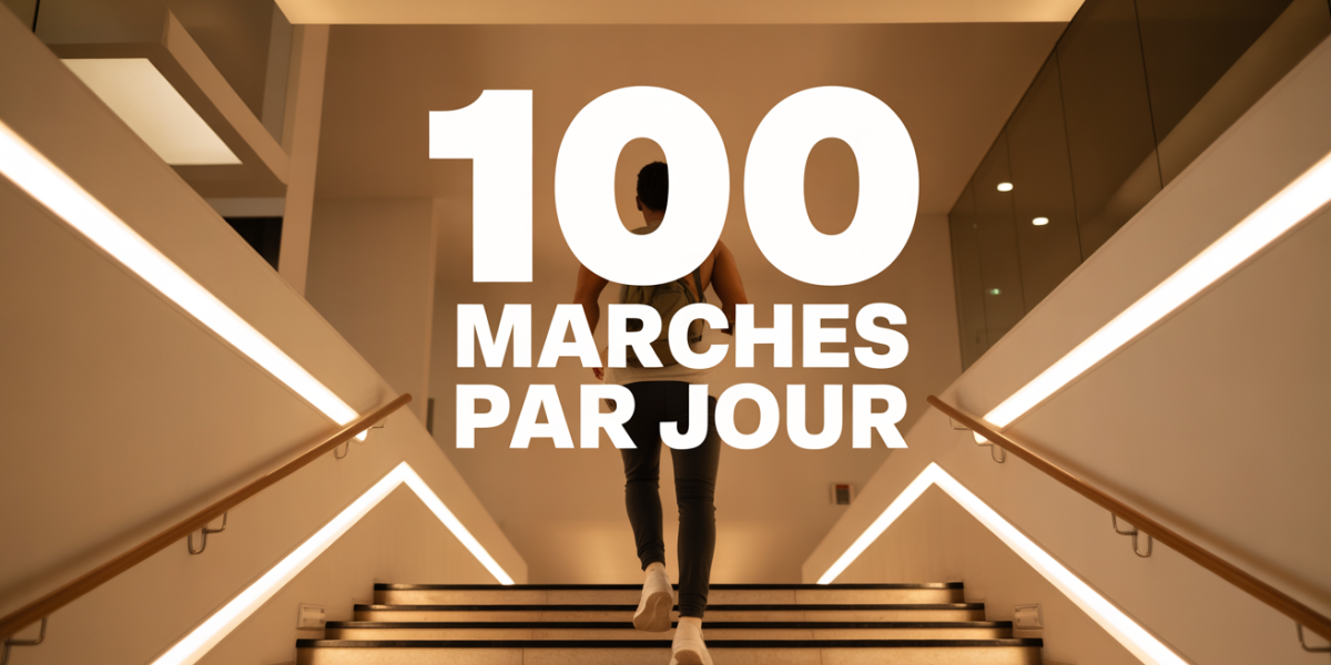 Personne montant escalier intérieur lumineux, 100 marches par jour