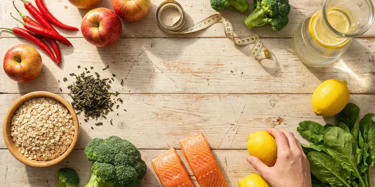 aliments brûle graisse variés présentés sur table