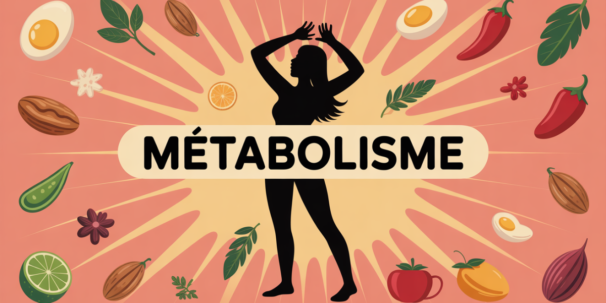 Silhouette entourée d'aliments qui boostent le métabolisme