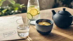 Boisson pour perdre du ventre : eau, thé vert et infusion gingembre-citron