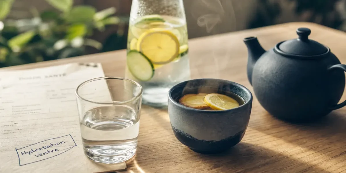 Boisson pour perdre du ventre : eau, thé vert et infusion gingembre-citron