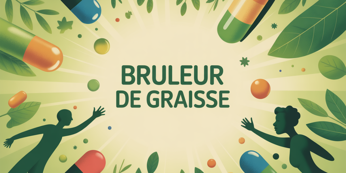 Illustration balance, gélules, silhouettes actives, feuilles vertes, brûleur de graisse