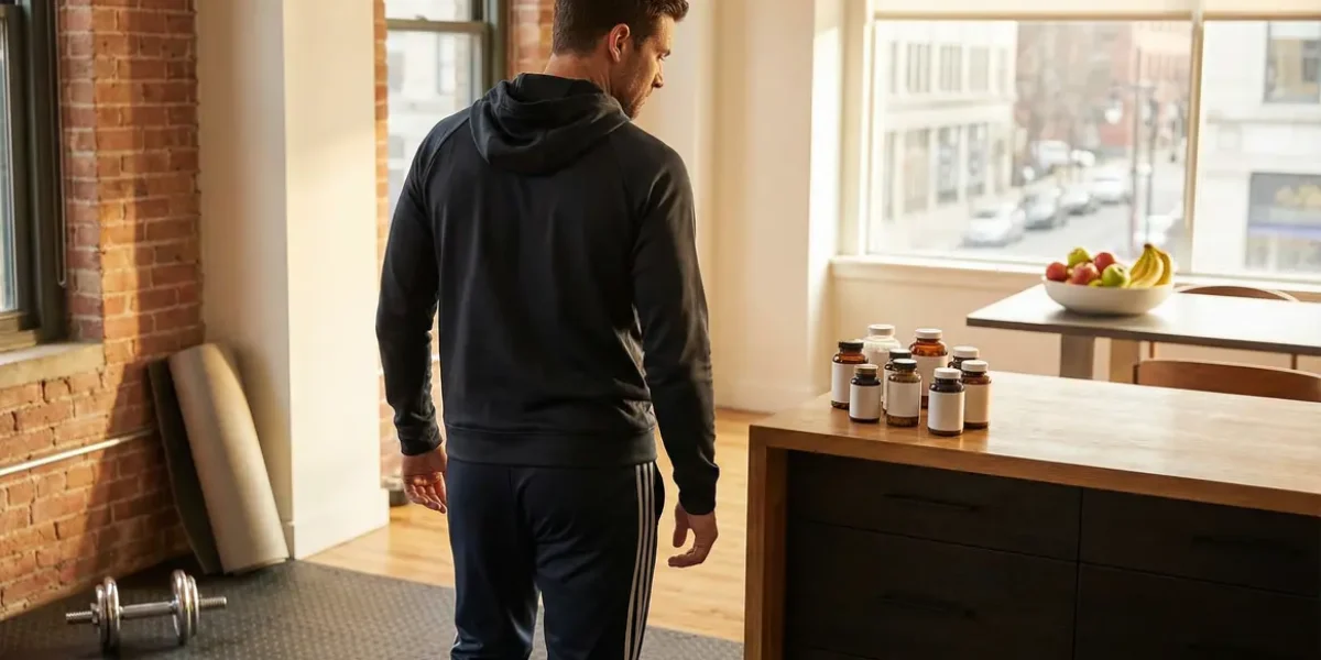 Homme en sport avec compléments brûleurs de graisse et fruits