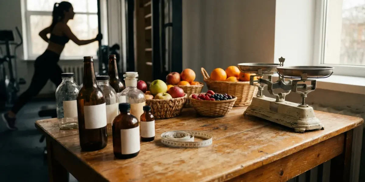 Flacons brûleurs de graisse femme, fruits et accessoires sur table