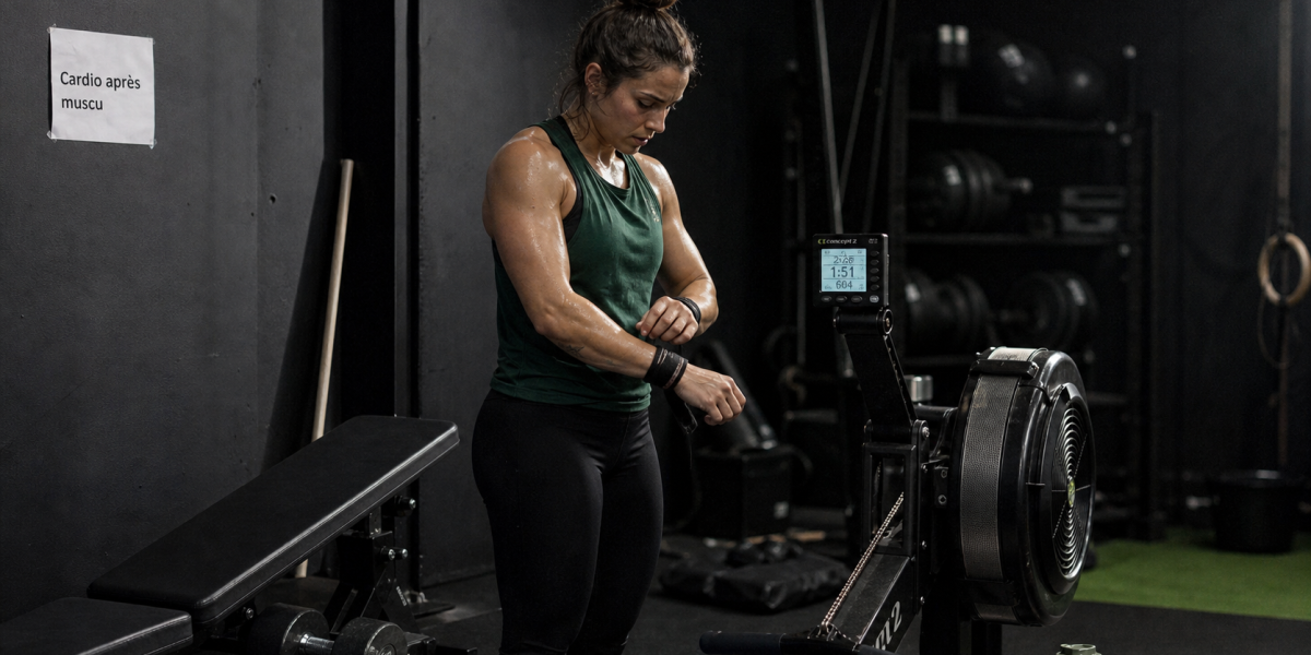 Cardio avant apres muscu en salle : haltère et rameur pour force et perte de poids