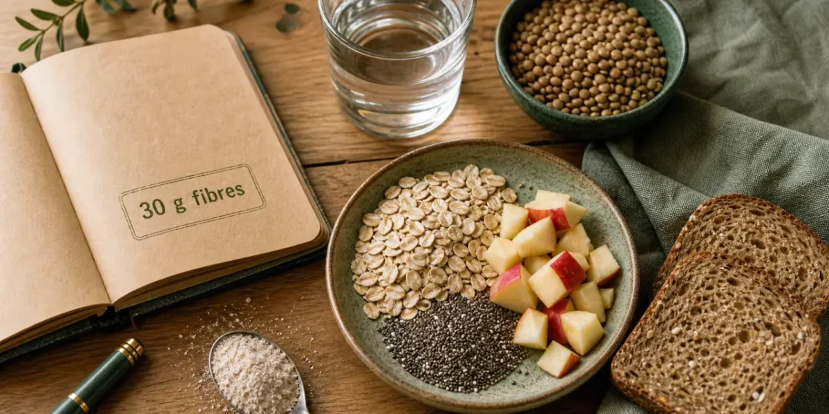 Combien de gramme de fibre par jour : flocons d’avoine, chia, lentilles et psyllium sur table