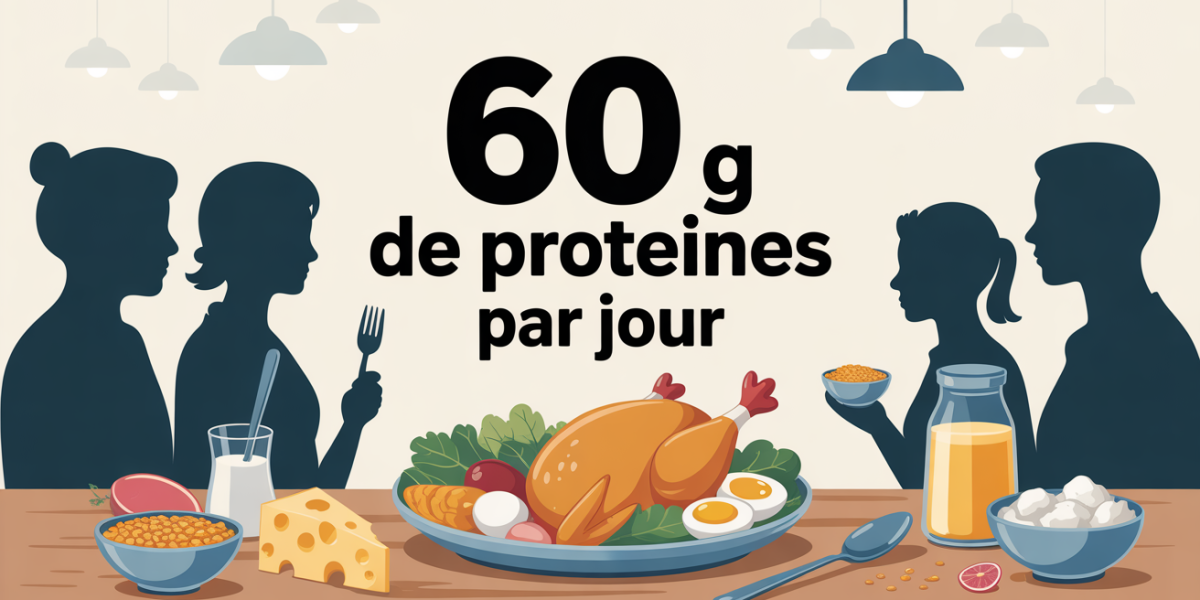 comment manger 60 g de proteine par jour assiette stylisee avec aliments principaux