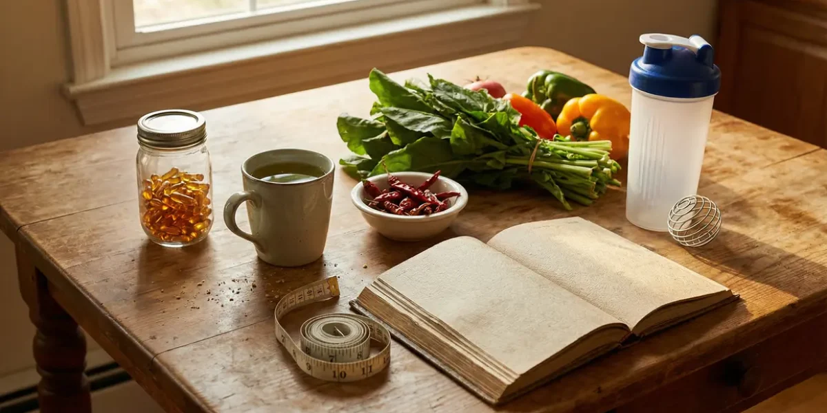 compléments naturels coupe-faim et bruleurs de graisse sur table de cuisine