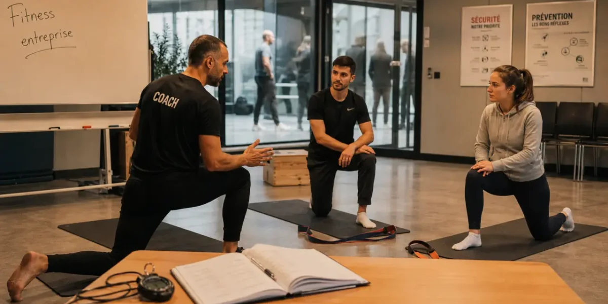 Coach montre des exercices de mobilité : cours fitness en entreprise Lyon